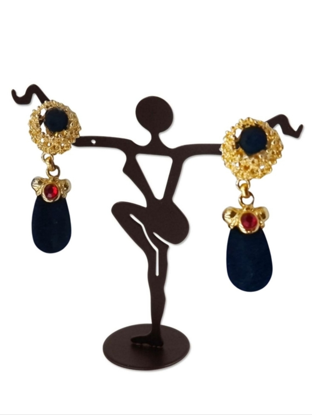 Black Velvet Drop Clip-On Earrings with Red & Blue CZ Accents | Gold Tone